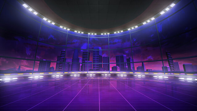 Retro aesthetic purple, virtual background. TV backdrop Ideal for game shows, or technology events. 3D render suitable on VR tracking systems with green screen