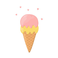 Waffle cone with scoops of ice cream. Can be used for poster, print, cards and clothes decoration, for food design and ice cream shop logo.