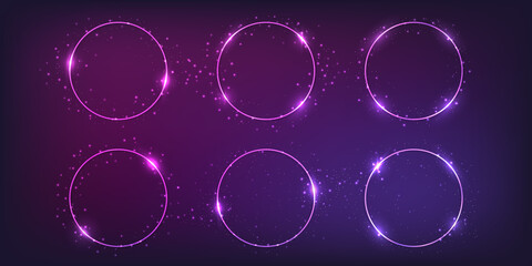 Set of six neon frames with shining effects