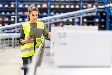 Young worker with tablet PC examining boxes on conveyor belt in warehouse