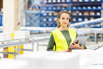 Young worker wearing headset standing with tablet PC in warehouse