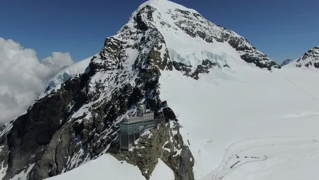 Aerial shot of Sphinx astronomical observatory above Jungfraujoch, Switzerland