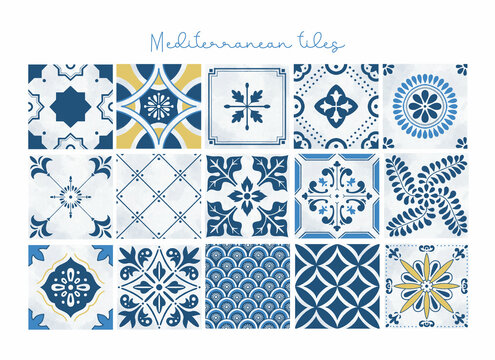 Blue and yellow Mediterranean tiles elements set isolated
