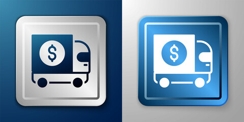 White Armored truck icon isolated on blue and grey background. Silver and blue square button. Vector