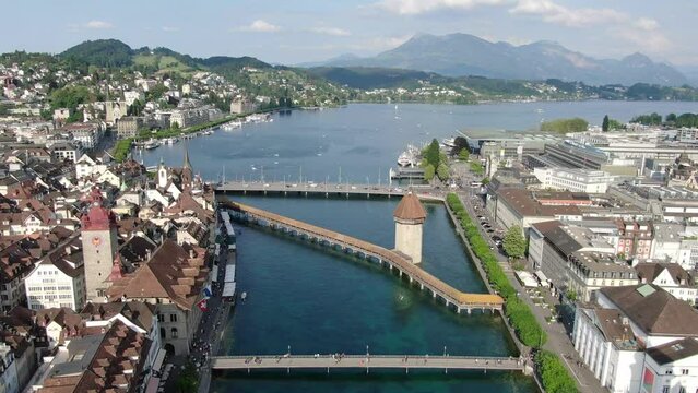 Aerial view of The Kapellbrucke (Chapel Bridge) in Lucerne city, Switzerland