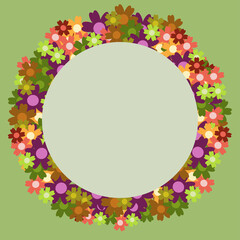 Colored simple flower bouquet on green background. Frame with decoration.