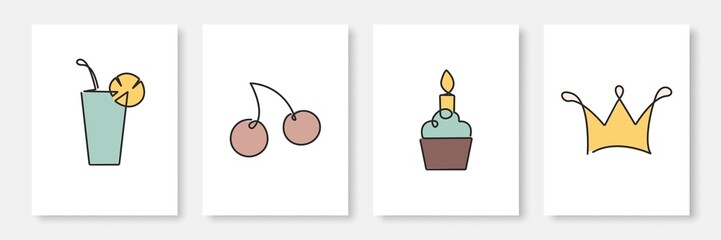 Cute Trendy Minimalist Line Art Drawing Set of Icons for Birthday and Party Design. Good for Cover, Wall Art, Print, Invitation, Banner, Poster, Brochure, Card, Flyer, Social Media. Vector EPS 10 