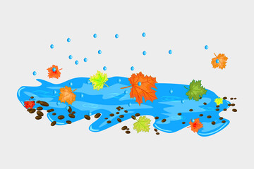 Puddle, raindrops and falling leaves isolated on white background. Autumn orange maple leaf floating in puddle in water.Fall season, wet weather, rain time, seasonal nature.Hello autumn concept.Vector