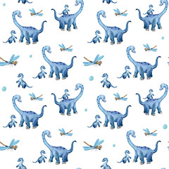 Watercolor dinosaur mom, baby and dragonfly. Cute blue diplodocus izolated on a white background © lyubovyaya