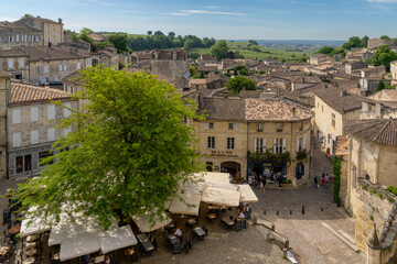 village square with shops and restaurants in the picturesque and historic medieval village of...