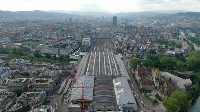Flying Over Zurich Main Train Station (Hauptbahnhof Or HB), Switzerland