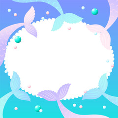 Fototapeta na wymiar Under the sea background template. Cute illustration of mermaid tails and pearls. Vector 10 EPS.