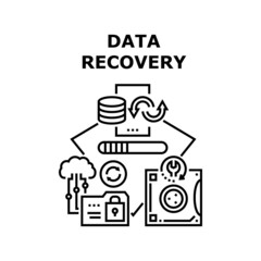 Data Recovery Vector Icon Concept. Data Recovery Software And Computer Service Occupation, Private Information And Media Files Renewal From Digital Hard Disc And Locked Folder Black Illustration