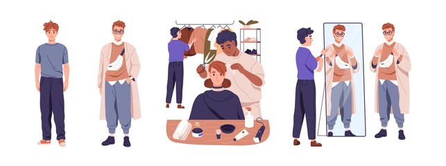 Man makeover, image transformation, before and after. Person changing appearance, wardrobe, haircut. Barber, stylist improving male look. Flat graphic vector illustration isolated on white background