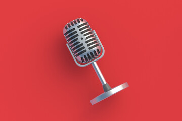 Vintage microphone on red background. Radio broadcast. Online interview. Audio recording equipment. New song. Song recording. Karaoke bar. Top view. 3d render