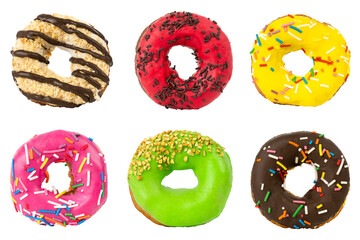 set of different donuts with colorful sprinkles isolated on white