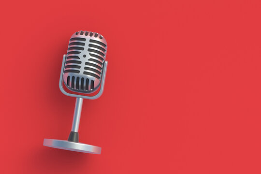 Vintage metallic microphone on red background. Song recording. Top view. Copy space. 3d render