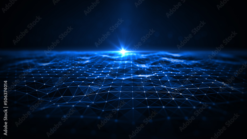 Poster Technology digital data network with dots and lines, Blockchain and polygon, Blue abstract background 3d rendering