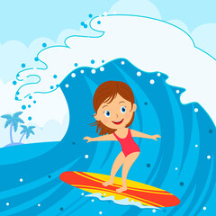 Young girl surfing on the wave in the sea