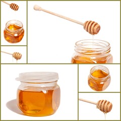Collage with Honey dripping from honey dipper in glass jar. Healthy food concept