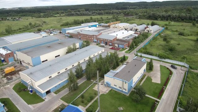Russia, the city of Votkinsk. Workshops of the Technovek plant for the production of oil and gas equipment. Aerial view.