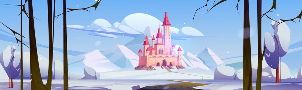 Winter landscape with castle, mountains, white snow and road. Vector cartoon illustration of royal palace, old chateau with towers on hill, snowy land with path and bare trees