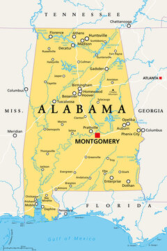 Alabama, AL, political map with the capital Montgomery, cities, rivers and lakes. State in the Southeastern region of the United States, nicknamed Yellowhammer State, Heart of Dixie, and Cotton State.