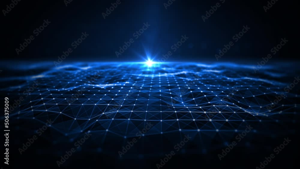 Poster Technology digital data network with dots and lines, Blockchain and polygon, Blue abstract background 3d rendering animation 4k