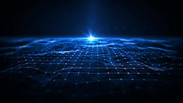 Technology digital data network with dots and lines, Blockchain and polygon, Blue abstract background 3d rendering animation 4k