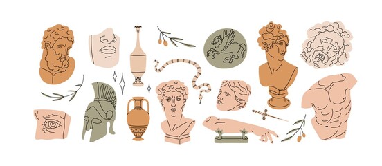 Ancient Greek classic statues and sculptures set, drawn in modern trendy style. Antique art design elements, busts and torsos of Greece. Flat graphic vector illustrations isolated on white background