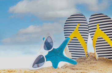 The Summer Tropical beach with starfish and flip flop-sunglasses as  sand beach scene and blue sky ...
