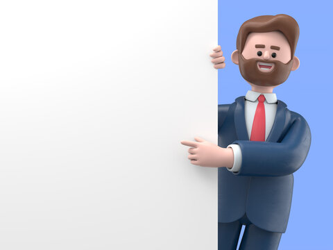 3D illustration of smiling businessman Bob pointing finger at blank presentation or information board. Close up portrait of cute cartoon smiling businessman with advertising placard.