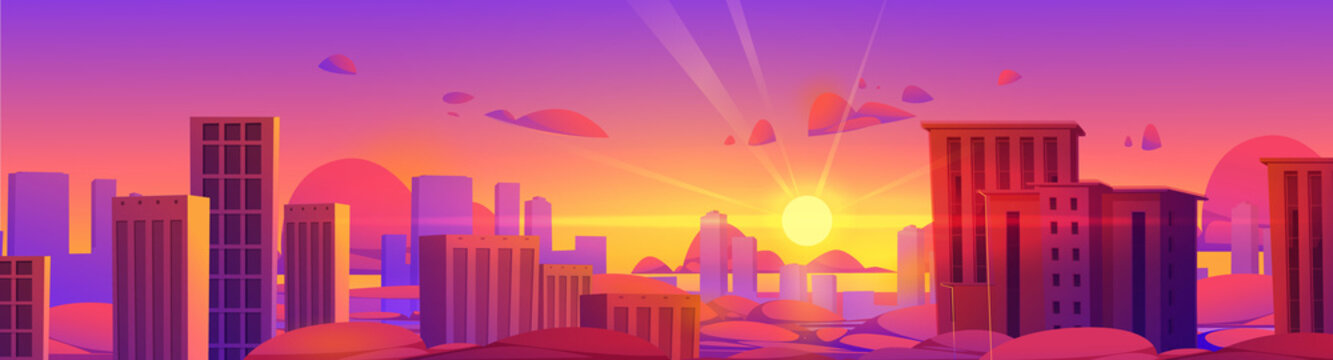 Skyscrapers view above clouds at sunset. Top of high city buildings, downtown towers on background of evening red and purple sky and sun. Vector cartoon illustration of cityscape over clouds