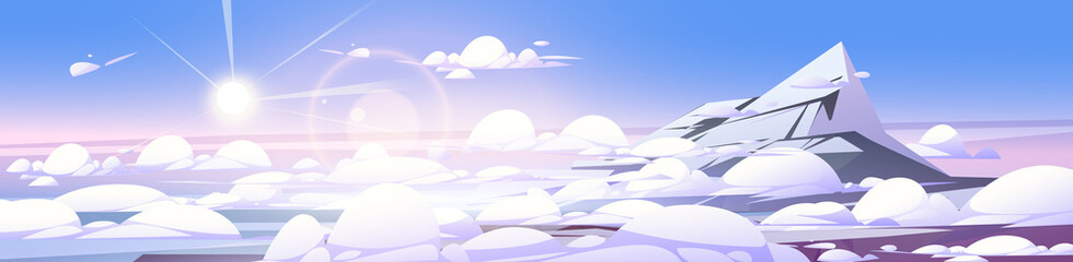 Landscape of high mountain top with snow and ice. Vector cartoon illustration of rock range peak above white soft clouds and bright sun in blue sky. Mountain summit winter scene
