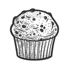 Muffin cake with chocolate sketch engraving raster illustration. T-shirt apparel print design. Scratch board imitation. Black and white hand drawn image.