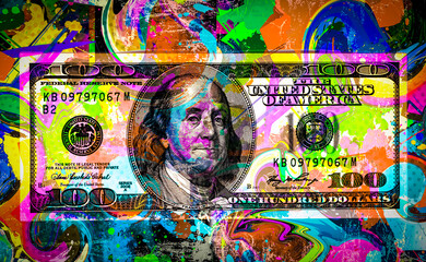 dollar banknote with creative colorful abstract elements on color art - obrazy, fototapety, plakaty