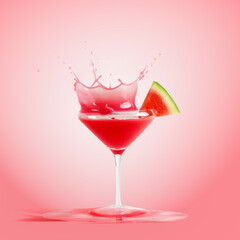 Red splashing drink in martini glass with watermelon at pink background. Delicious refreshing...