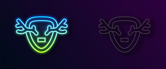 Glowing neon line Deer antlers on shield icon isolated on black background. Hunting trophy on wall. Vector