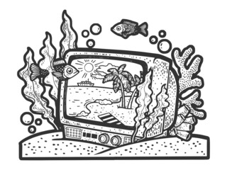 tv under water sketch engraving raster illustration. T-shirt apparel print design. Scratch board imitation. Black and white hand drawn image.