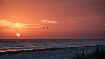 Sunrise on El Cuyo beach, with birds in the sky