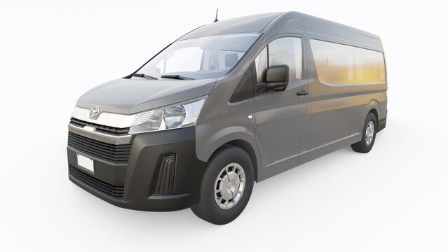 Tokyo, Japan. April 10, 2022: Toyota Hiace. passenger minibus for transporting people in the city and beyond. on a white isolated background. 3d illustration