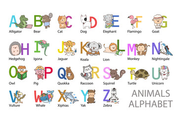 A-Z letter with animals, English alphabet poster - obrazy, fototapety, plakaty
