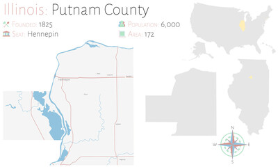 Fototapeta na wymiar Large and detailed map of Putnam county in Illinois, USA.