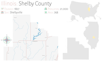 Large and detailed map of Shelby county in Illinois, USA.