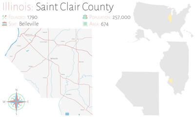 Large and detailed map of Saint Clair county in Illinois, USA.