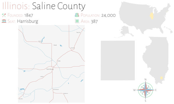 Large and detailed map of Saline county in Illinois, USA.