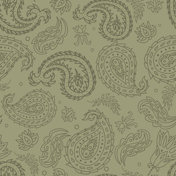 Seamless pattern with paisley and flowers in green colors.