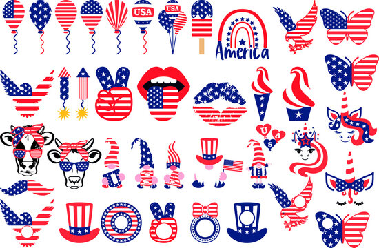 American Patriotic 4th of July Bundle. USA celebration  national symbols set for independence day isolated on white background. USA Independence Day Clipart. Rainbow, cow, lips, gnomes, eagle, butterf