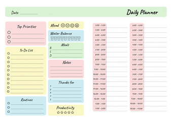 Daily planner printable template Vector. Blank white notebook page A4. Business organizer schedule page for a day for effective planning. Schedule template. Paper sheet. Vector illustration design