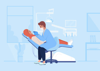 Doctor examining teeth of woman flat color vector illustration. Professional dentist and patient appointment 2D simple cartoon characters with hospital office interior on background